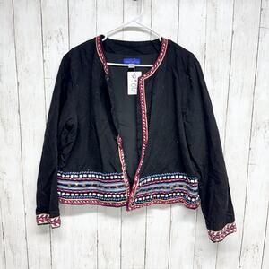 Simply Styled Jacket Women Size XL Black Embroidered Trim Open Front Long Sleeve